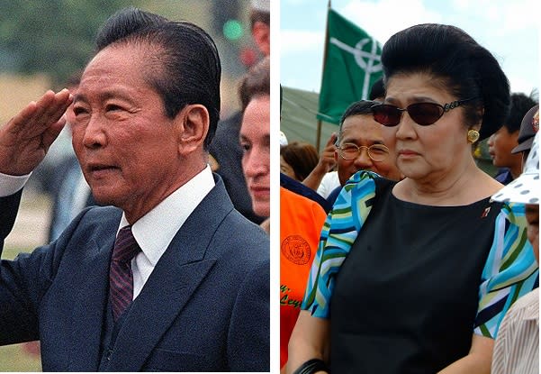 執政超過20年的菲律賓前獨裁總統馬可仕（左圖）與夫人伊美黛，在當政時被指利用權勢獲得不法資產高達10億披索，但菲國政府追討未果。   圖：翻攝自維基網站／新頭殼合成