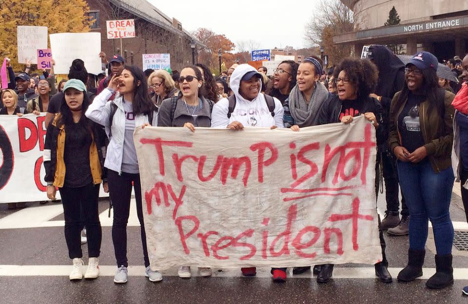 People protest on the University of Connecticut campus against the election of Donald Trump as President. Photo: AP