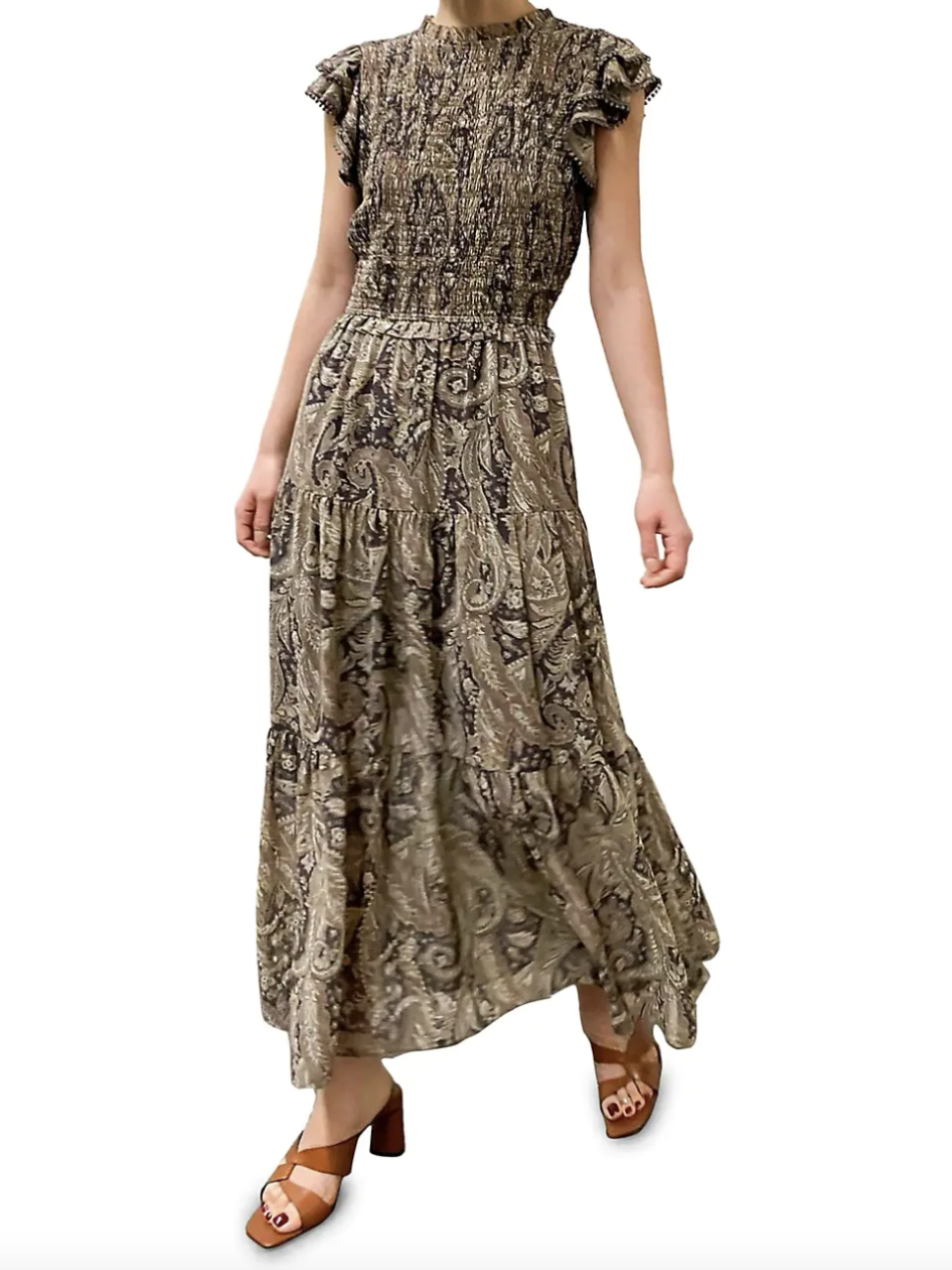 Moon River Paisley Smocked Tiered Midi Dress and brown leather strappy sandals