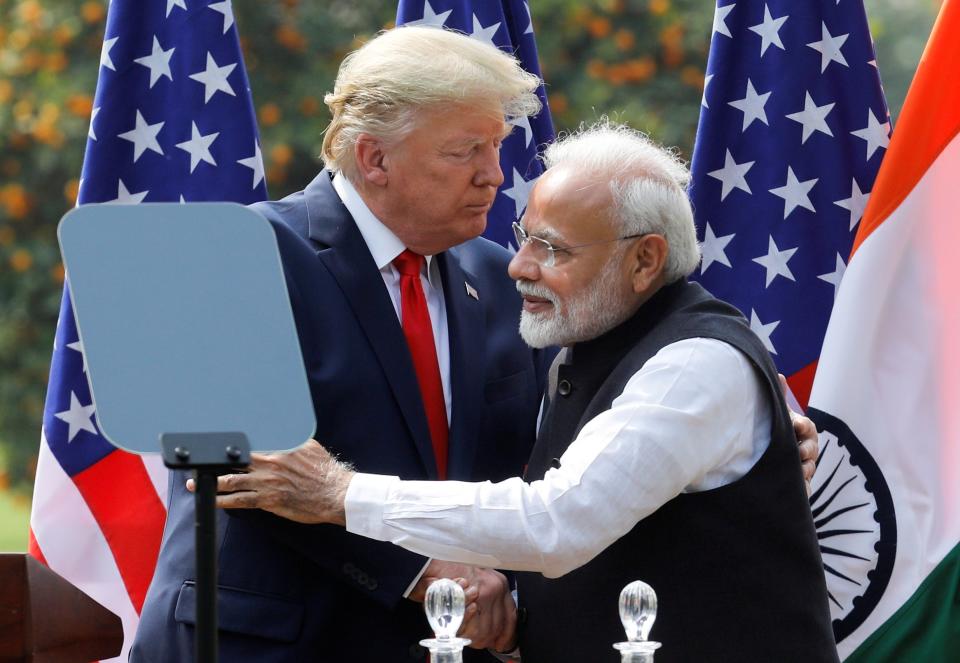 US President Donald Trump and India’s Prime Minister Narendra Modi embrace during a joint news conference after bilateral talks at Hyderabad House in New Delhi, India, February 25, 2020. (REUTERS/Adnan Abidi/File Photo) (REUTERS)