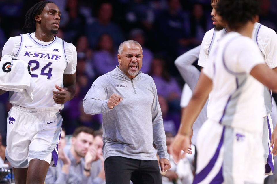 Kansas State coach Jerome Tang shouts instructions to his players during the Wildcats' game against Oral Roberts last November at Bramlage Coliseum.