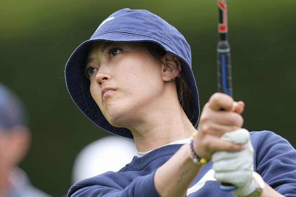Michelle Wie West watches a tee shot on the fourth hole during a practice round for the U.S. Women's Open golf tournament at Pebble Beach Golf Links, Tuesday, July 4, 2023, in Pebble Beach, Calif. (AP Photo/Darron Cummings)
