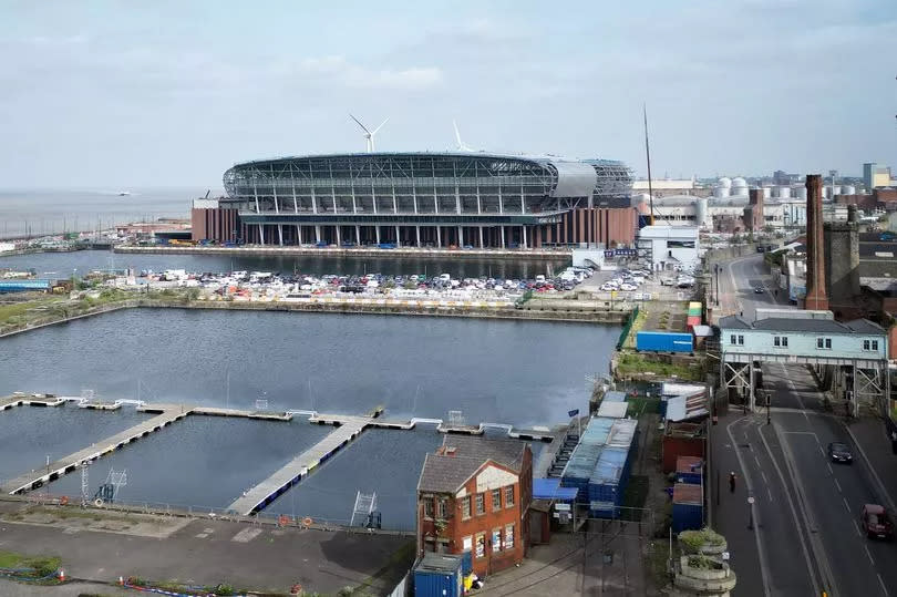 A photograph taken on May 13, 2024 showing the construction of Everton's new stadium at Bramley-Moore Dock