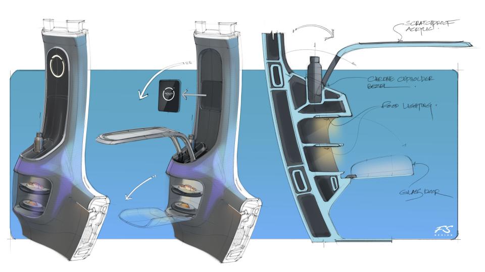 Sketches of the inflight dining tray tables for the Halo Space capsule