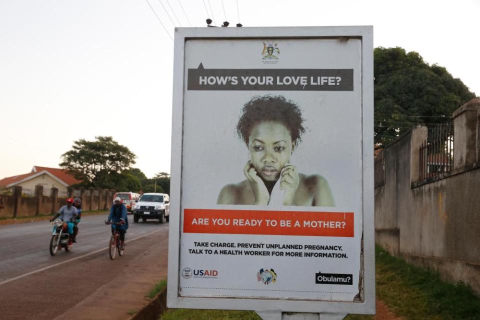 An unplanned pregnancy information poster in Kampala, Uganda. Campaigners fear a chilling effect on African governments’ funding for family planning services.