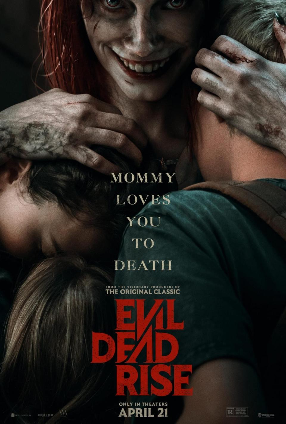 photo of zombie looking woman cradling three kids for evil dead rise trailer poster