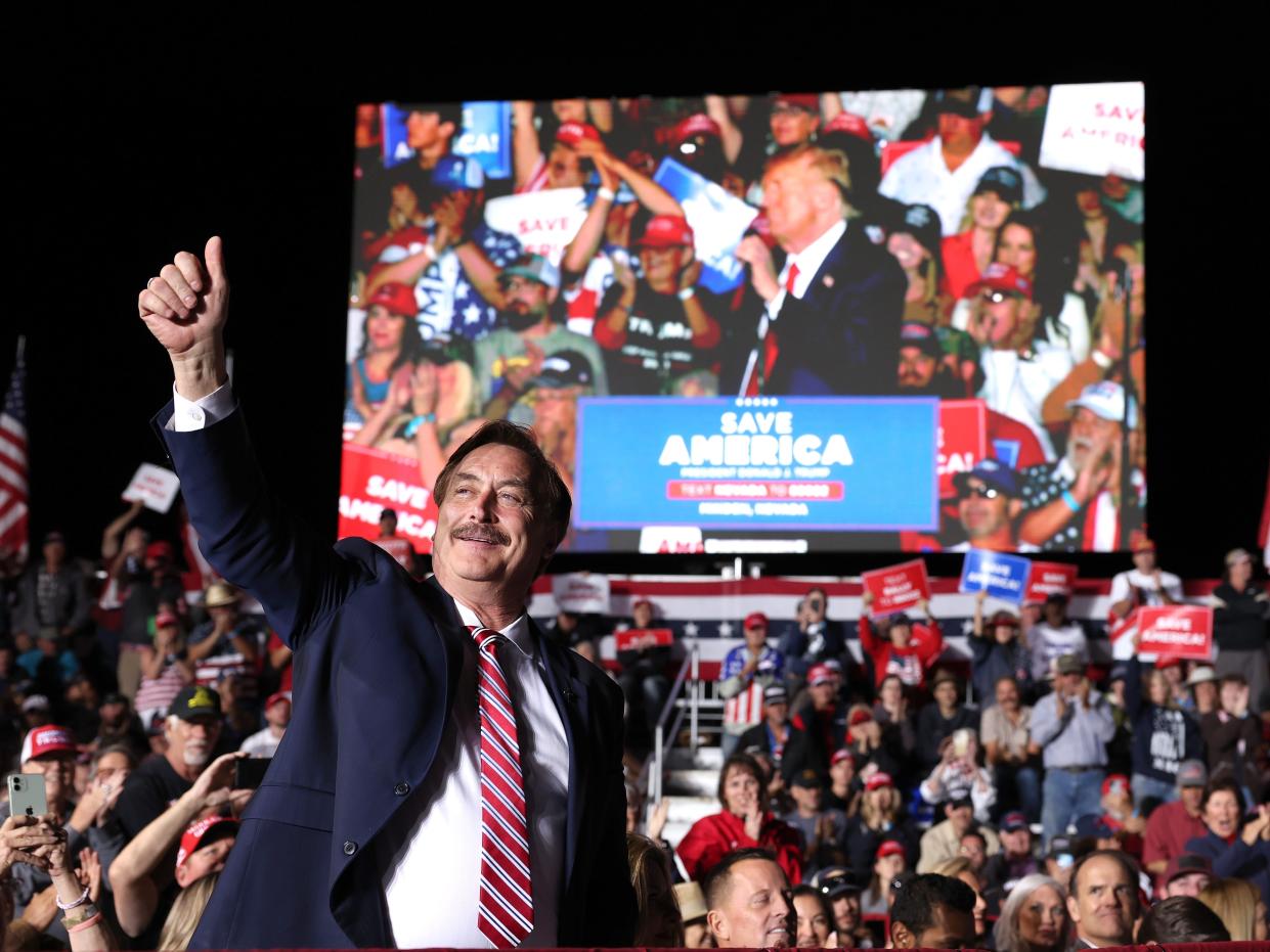 An image of MyPillow CEO Mike Lindell at a Trump rally in Minden, Nevada.