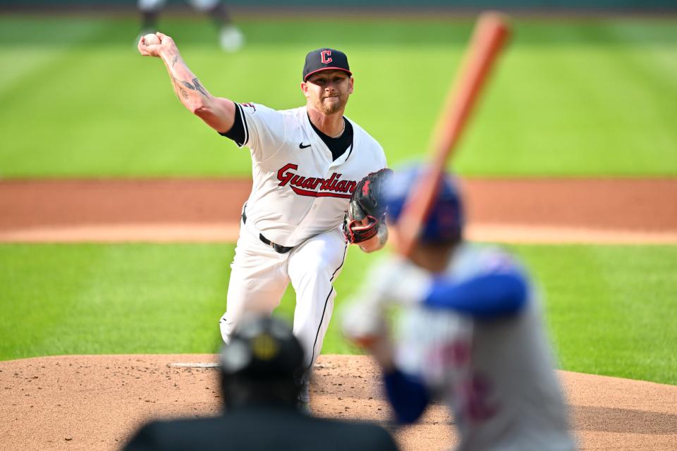 Guardians starting pitcher Ben Lively pitches to the New York Mets' Francisco Lindor on May 20 in Cleveland.