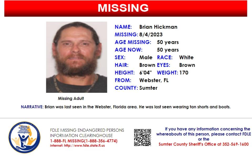 Brian Hickman was last seen in the Webster area on Aug. 4, 2023.