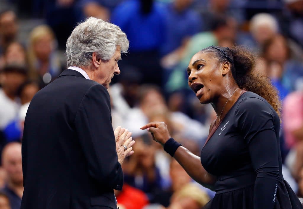 At the 2018 U.S. Open final in New York, where she faced Naomi Osaka, Serena Williams talks to referee Brian Earley about umpire Carlos Ramos. She asserted that Ramos was treating her differently than he would treat male players. (Photo by Adam Hunger, AP, File)