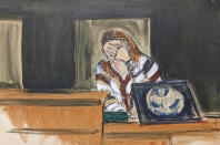 In this courtroom sketch, a witness testifying under the pseudonym "Carolyn," breaks down on the witness stand testifying about her experiences with Jeffery Epstein, during proceedings in Ghislaine Maxwell's sex-abuse trial, in New York, Tuesday, Dec. 7, 2021. (AP Photo/Elizabeth Williams)