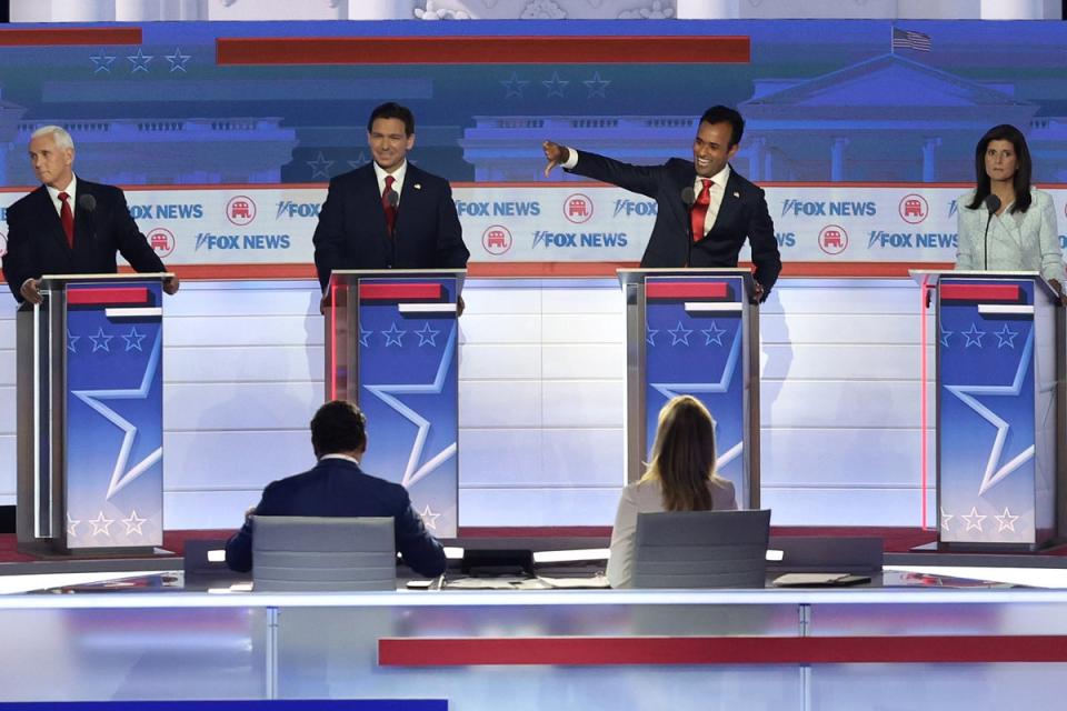 Former US VP Mike Pence, Florida governor Ron DeSantis, Vivek Ramaswamy, and former UN ambassador Nikki Haley (Getty Images)