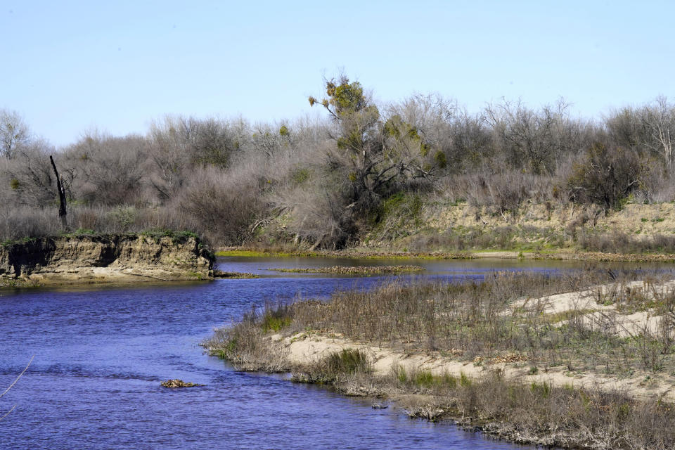 FILE - The Tuolumne and San Joaquin rivers meet on the edge of the Dos Rios Ranch Preserve in Modesto, Calif., on Feb. 16, 2022. The 2,100-acre preserve is California's largest floodplain restoration project, designed to give the rivers room to breath and restore traditional riparian habitats. California Gov. Gavin Newsom has proposed cutting $40 million from the state budget for floodplain projects to help balance the state budget. (AP Photo/Rich Pedroncelli, File)