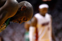 MIAMI, FL - MAY 30: Kevin Garnett #5 of the Boston Celtics hangs his head as he awaits a free throw attempt by LeBron James #6 of the Miami Heat in the second half of Game Two of the Eastern Conference Finals in the 2012 NBA Playoffs on May 30, 2012 at American Airlines Arena in Miami, Florida. NOTE TO USER: User expressly acknowledges and agrees that, by downloading and or using this photograph, User is consenting to the terms and conditions of the Getty Images License Agreement. (Photo by Mike Ehrmann/Getty Images)