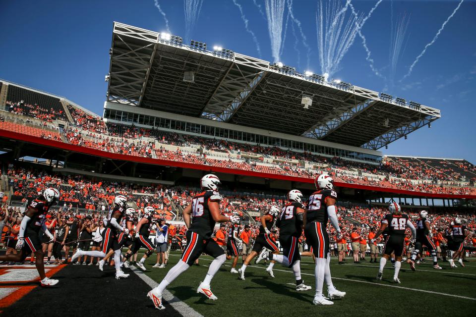 Oregon State Beavers run out onto the field before facing Idaho State in the season opener on Saturday, Aug. 31, 2024 at Reser Stadium in Corvallis, Ore.