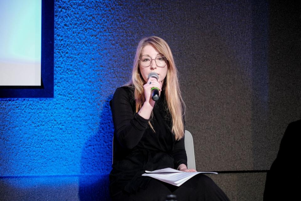 Victoria Amelina, Ukrainian novelist, essayist, and human rights activist, speaking at a public discussion during the 29th Lviv Book Forum on October 9, 2022 in Lviv, Ukraine. (Photo by Les Kasyanov/Global Images Ukraine via Getty Images)