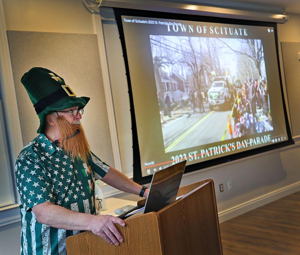 Ed Kelley talks about the origins of the Scituate St. Patrick's Day Parade in the town's Minot neighborhood over 20 years ago at the Scituate Senior Center on Tuesday, March 5, 2024. This year's edition of the parade will take place on Sunday, March 17.