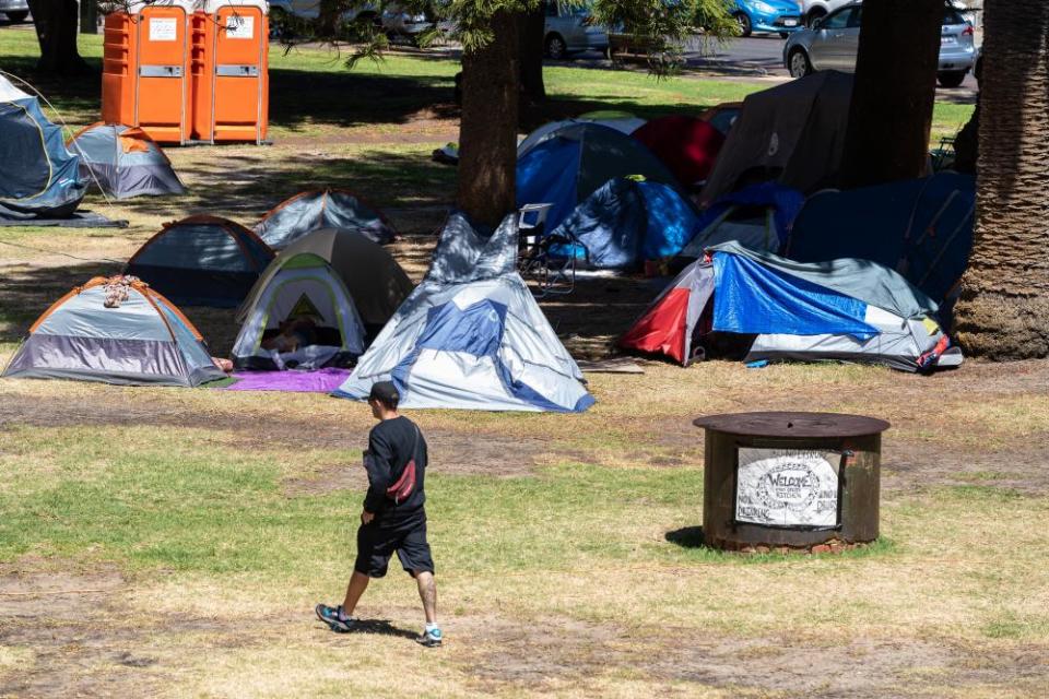 The tent city in Pioneer Park in Fremantle on 22 January, located opposite the office of communities minister Simone McGurk.