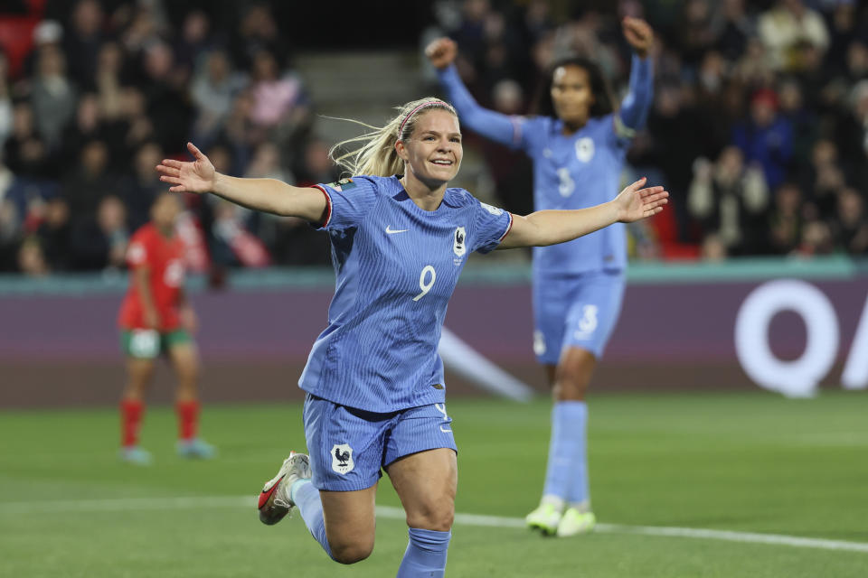 France's Eugenie Le Sommer celebrates after scoring her team's fourth goal during the Women's World Cup round of 16 soccer match between France and Morocco in Adelaide, Australia, Tuesday, Aug. 8, 2023. (AP Photo/James Elsby)