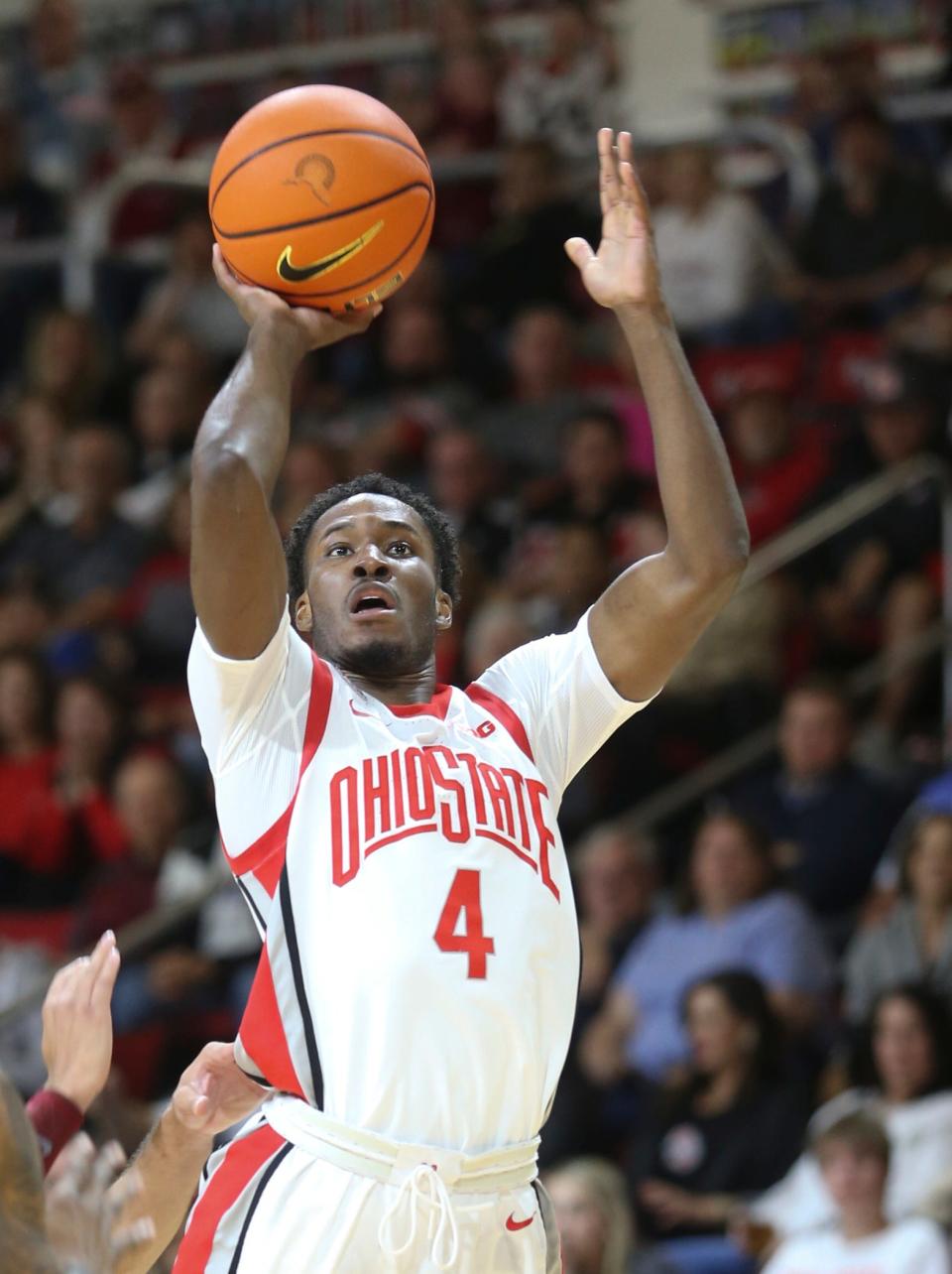 Ohio State's Dale Bonner shoots against Alabama during the second half of an NCAA college basketball game Friday, Nov. 24, 2023, in Niceville, Fla. (AP Photo/Michael Snyder)