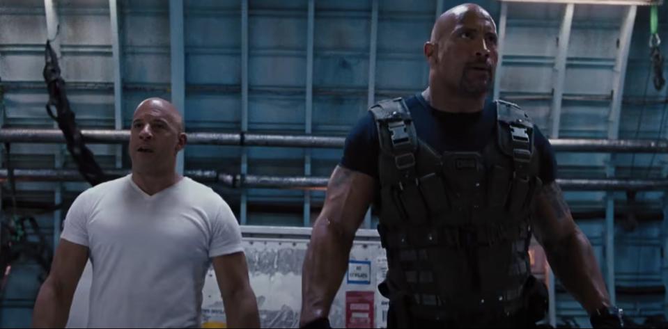 Vin Diesel as Dominic Toretto and Dwayne Johnson as Luke Hobbs in "Fast & Furious 6."