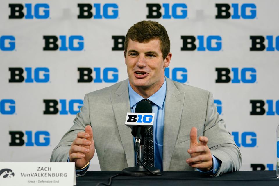 Iowa defensive end Zach VanValkenburg talks to reporters during an NCAA college football news conference at the Big Ten Conference media days, at Lucas Oil Stadium in Indianapolis, Friday, July 23, 2021. (AP Photo/Michael Conroy)