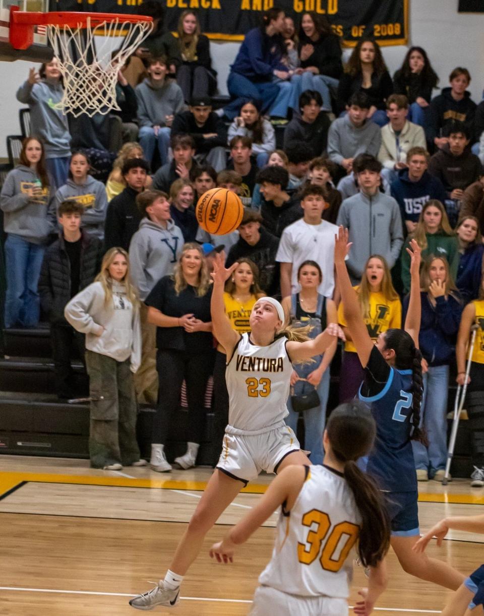 Ventura High's Kai Staniland goes up for a shot near the basket against Camarillo during a CIF-SS Division 2AA first-round game at Ventura High on Thursday, Feb. 8, 2024. Knight scored 17points in the Cougars' 65-44 victory.