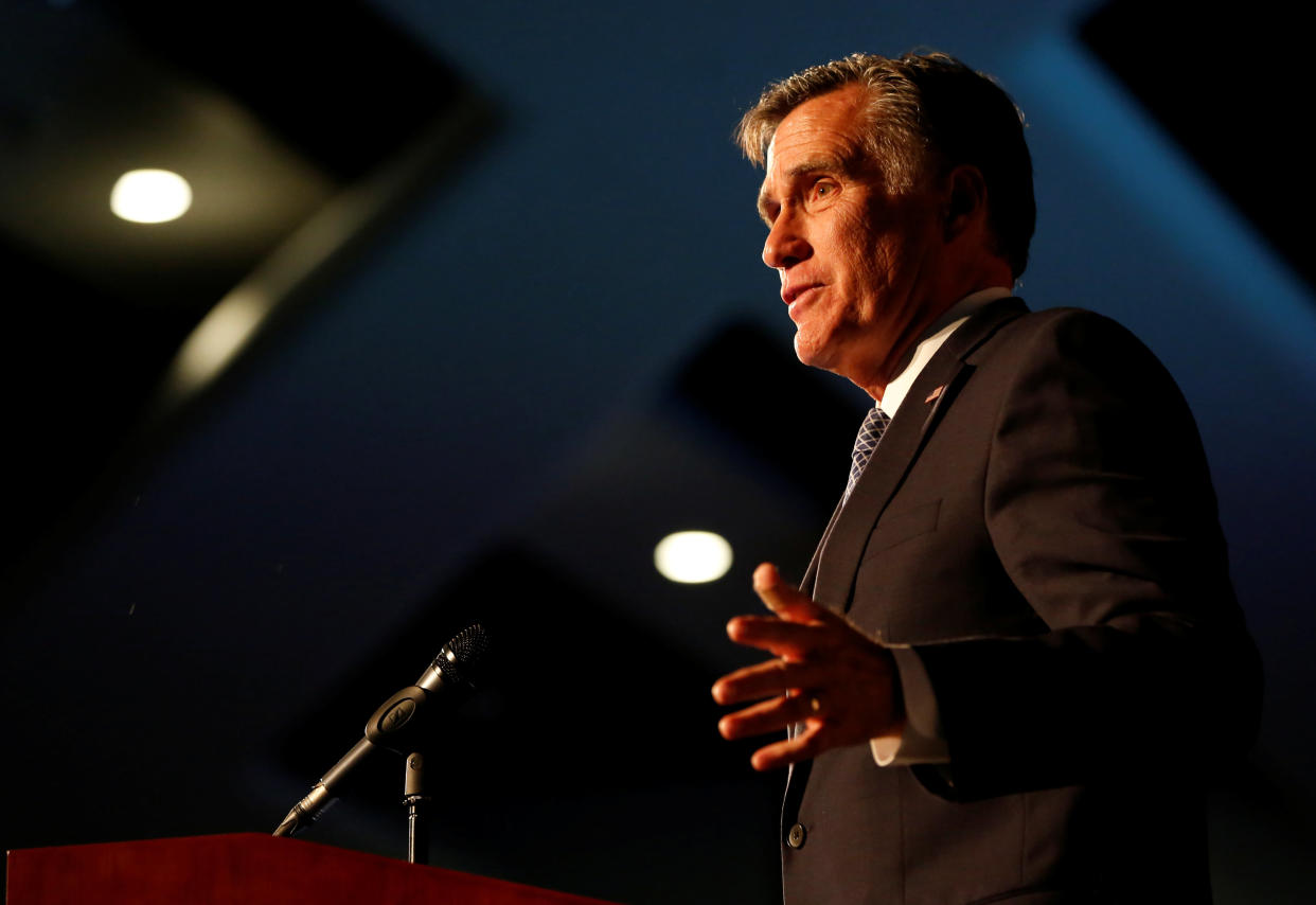 Senate candidate and former presidential nominee Mitt Romney faced his Democratic rival in a debate Tuesday night at Southern Utah University. (Photo: Jim Urquhart / Reuters)