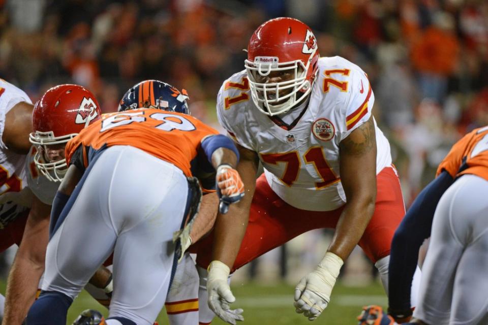 November 17, 2013; Denver, CO, USA; Kansas City Chiefs guard Jeff Allen (71) blocks during the second quarter against the Denver Broncos at Sports Authority Field at Mile High. The Broncos defeated the Chiefs 27-17. Mandatory Credit: Kyle Terada-USA TODAY Sports