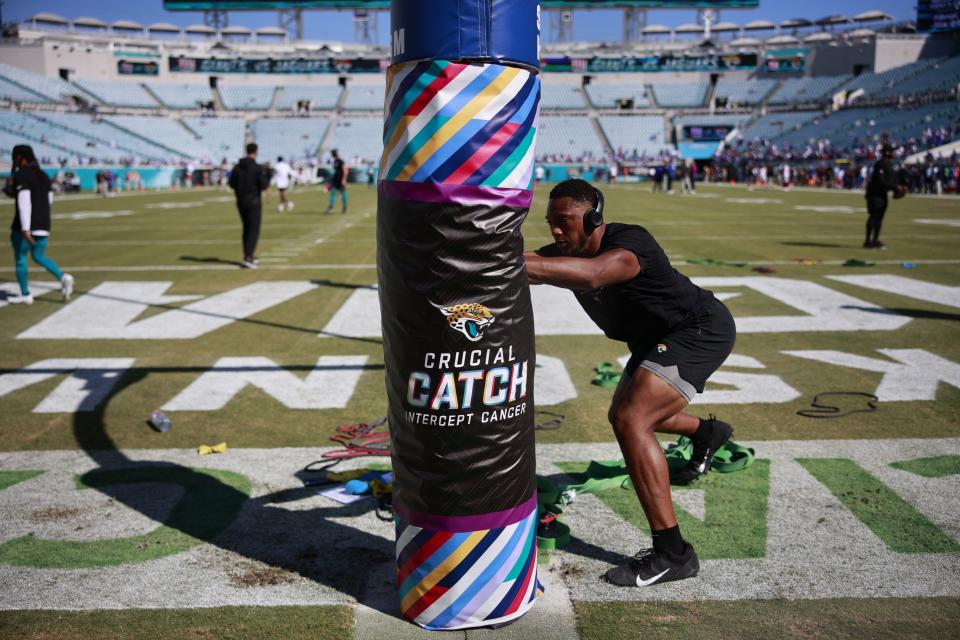 Crucial Catch signage is displayed before of a regular season NFL football matchup between the Jacksonville Jaguars and the New York Giants Sunday, Oct. 23, 2022 at TIAA Bank Field in Jacksonville. The partnership with the American Cancer Society is promoting awareness and early detection - it's also to honor cancer survivors. [Corey Perrine/Florida Times-Union]