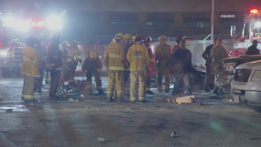 Two people were killed and another seriously hurt after two vehicles flew off an exit ramp and into a Los Angeles International Airport parking lot on Saturday, June 22, 2024. (KNN)