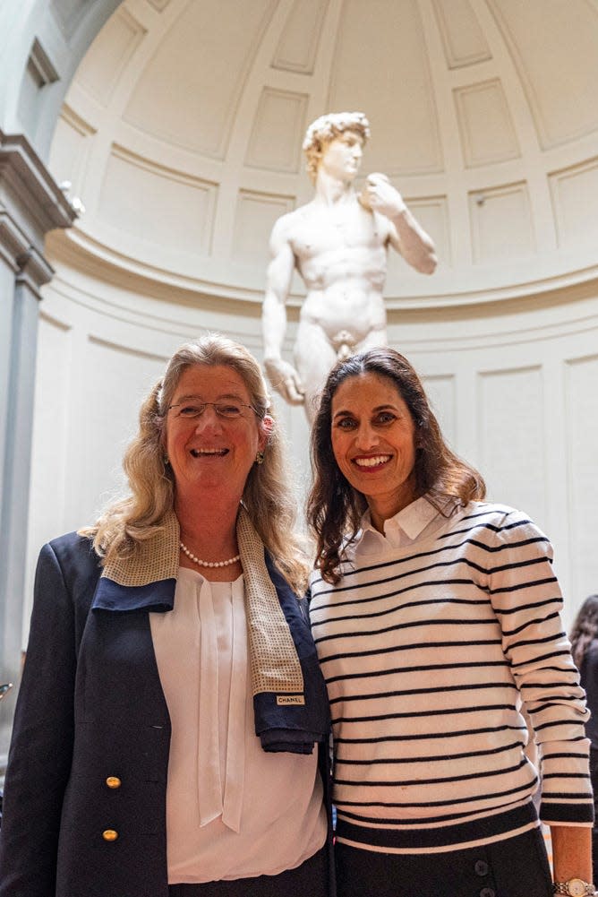 Hope Carrasquilla, former dean of the Tallahassee (Florida) Classical School, at right, with Cecilie Hollberg, director of Florence's Galleria dell'Accademia museum in front of Michelangelo Buonarroti's colossal marble statue 'David', in Florence, Italy, on April 28, 2023, in this image provide by the museum.