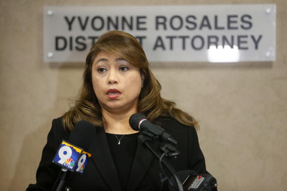 El Paso District Attorney Yvonne Rosales holds a news conference July 29, 2021, at the Enrique Moreno County Courthouse on the trial in the Walmart mass shooting.