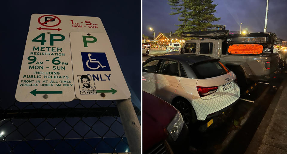 A parking sign in Byron Bay that states drivers must park nose-in at all times.