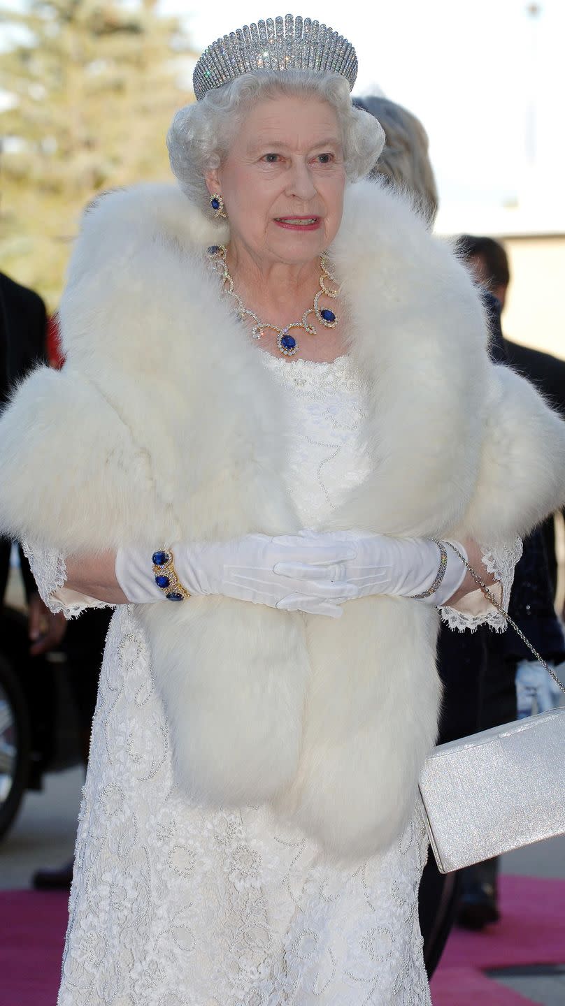 <p>During Queen Elizabeth's tour of the Middle East in 1979, the Sheikh of Dubai presented her with a stunning collection of sapphire jewels made by Asprey—a looped diamond and sapphire necklace, plus matching earrings and a ring. Later, the monarch had the necklace shortened and used the surplus sapphires to create a new set of earrings; she then refashioned the original ring and earrings to make a bracelet. She wore the entire resulting suite—with Queen Alexandra's Kokoshnik Tiara—to a dinner in Canada in 2005.</p>