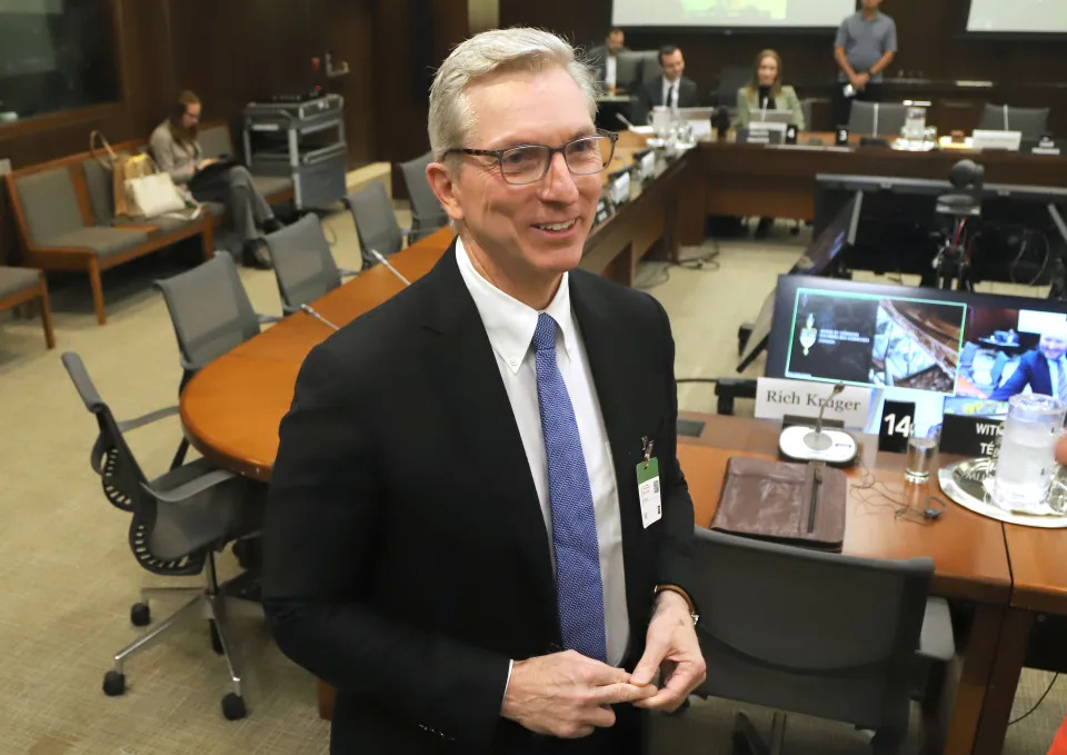 Suncor Energy Inc. president and CEO Rich Kruger waits to appear before the House of Commons Standing Committee on Natural Resources in Ottawa, Monday, Oct. 16, 2023. THE CANADIAN PRESS/ Patrick Doyle