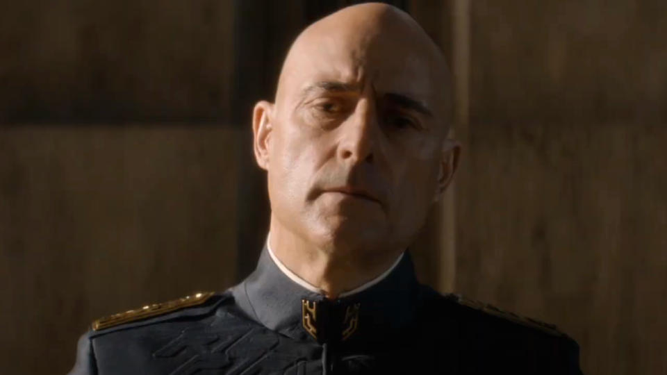 Mark Strong looks ahead with a face of concern in Dune: Prophecy.