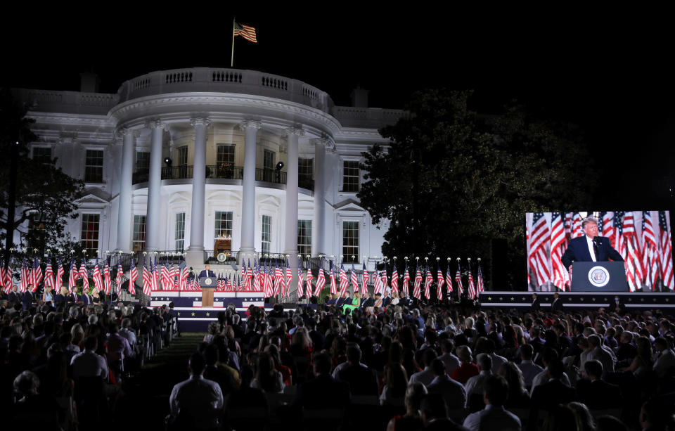 President Trump delivers his acceptance speech as the 2020 Republican presidential nominee during the final event of the Republican National Convention on the South Lawn of the White House in Washington on August 27, 2020. / Credit: CARLOS BARRIA / REUTERS