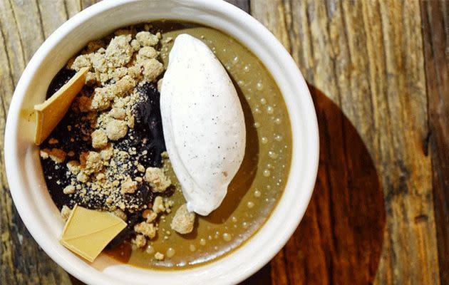 For dessert, coffee custard with blueberries and maple crumble. Photo: Instagram