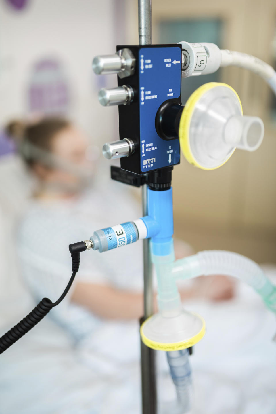 In this Friday, March 27, 2020 photo provided by UCLH,University College London Hospital a view of a CPAP device at UCL Hospital in London. Formula One team Mercedes has helped to develop a breathing aid that could keep coronavirus patients out of intensive care and ease some pressure on Britain’s strained health service. Mercedes worked with engineers at the University College London and clinicians at University College London Hospital in a combined effort involving seven Britain-based teams to adapt and improve a device that bridges the gap between an oxygen mask and the need for full ventilation. (UCLH via AP)