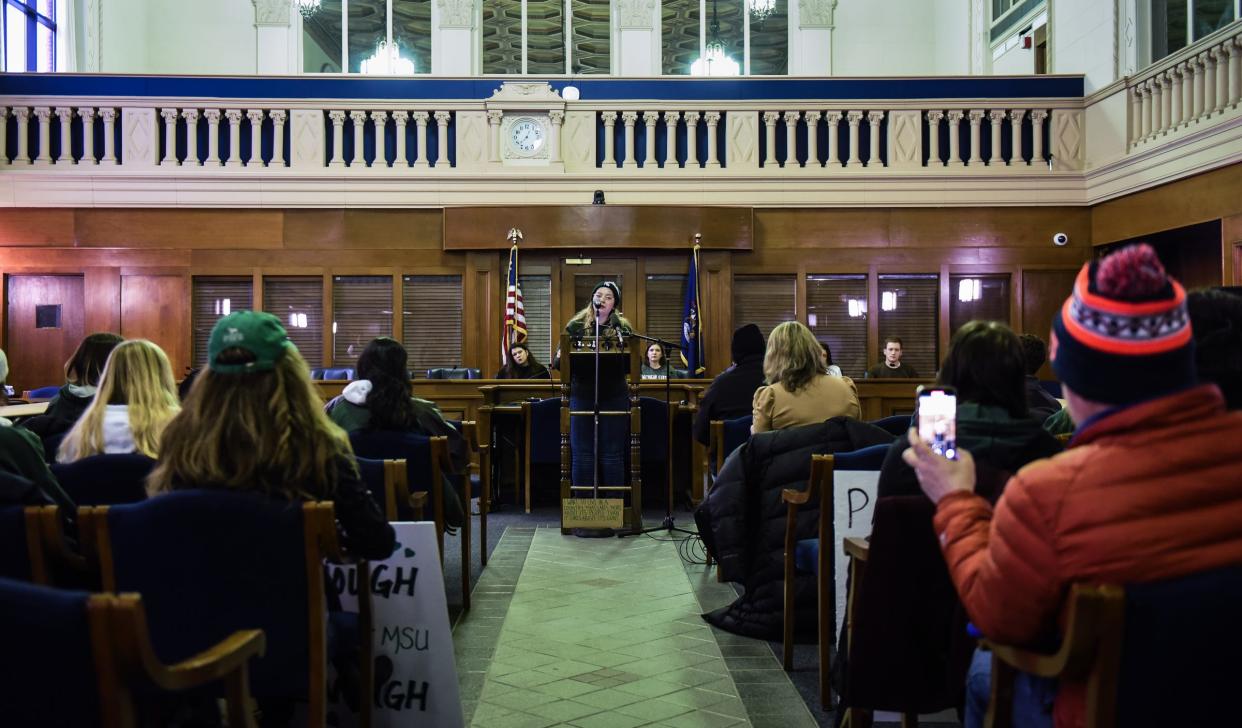 Michigan State University student Charlotte Plotzke speaks out against gun violence, Monday, Feb. 27, 2023, during the March for Our Lives rally in the Senate Hearing Room at Boji Tower in downtown Lansing, where MSU students and others demonstrated for changes to gun laws and policies.