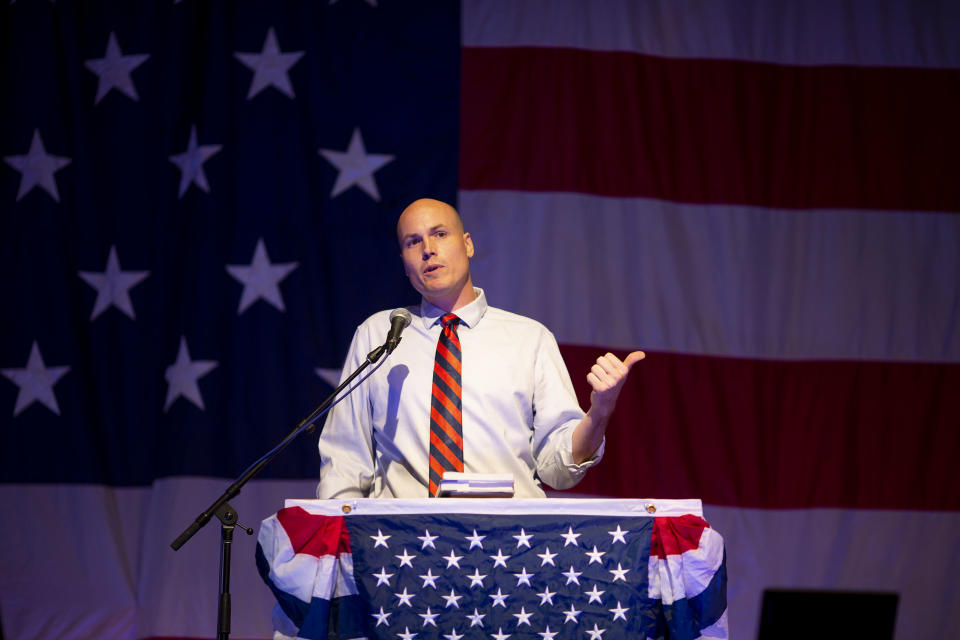 J.D. Scholten, speaks during the Democratic Wing Ding event in August in Clear Lake, Iowa. (Photo: Daniel Acker/Bloomberg via Getty Images)
