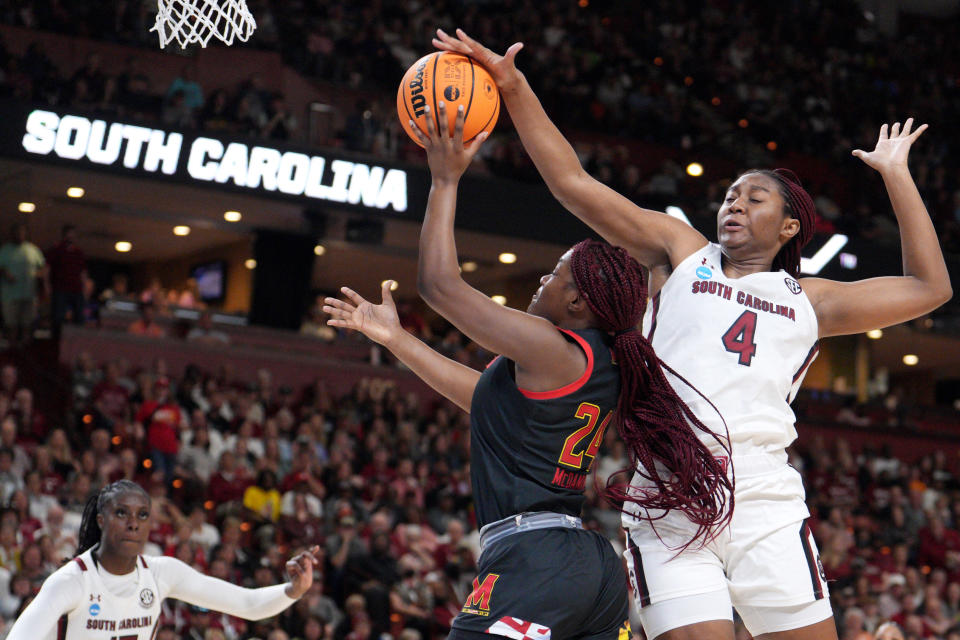 South Carolina's Aliyah Boston blocks a shot from Maryland's Bri McDaniel during the Elite Eight in the NCAA women's tournament at Bon Secours Wellness Arena in Greenville, South Carolina, on March 27, 2023. (Jacob Kupferman/NCAA Photos via Getty Images)