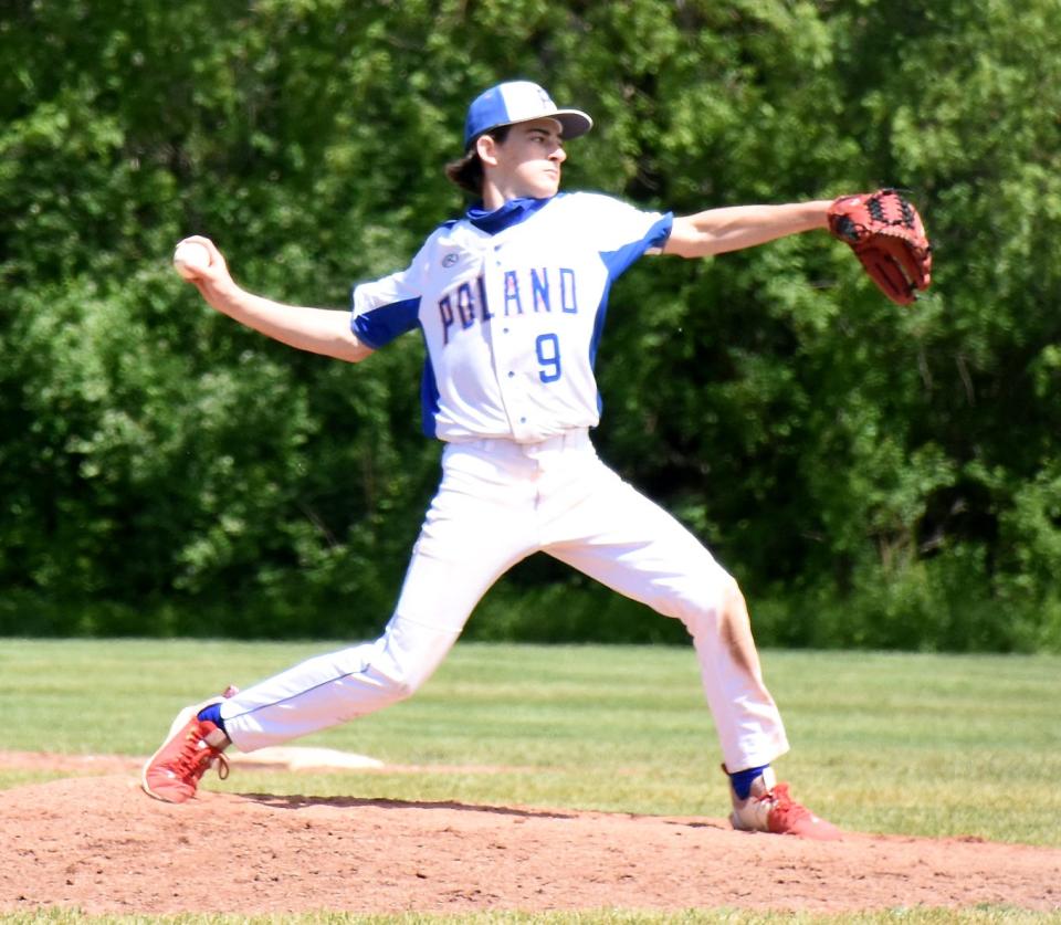 Tommy Haver, pictured pitching against Adirondack May 29, 2021, threw six inning for Poland Friday and teamed with Ben Deragon on a no-hitter against Remsen.