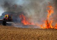 French firefighters extinguish a burning wheat field in Ramillies