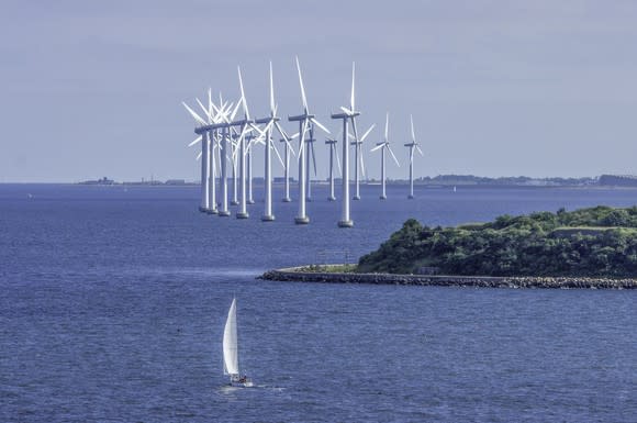 A group of offshore wind turbines.