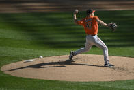 Baltimore Orioles starting pitcher John Means (47) delivers during the first inning of the second baseball game of a doubleheader against the Chicago White Sox, Saturday, May 29, 2021, in Chicago. (AP Photo/Matt Marton)