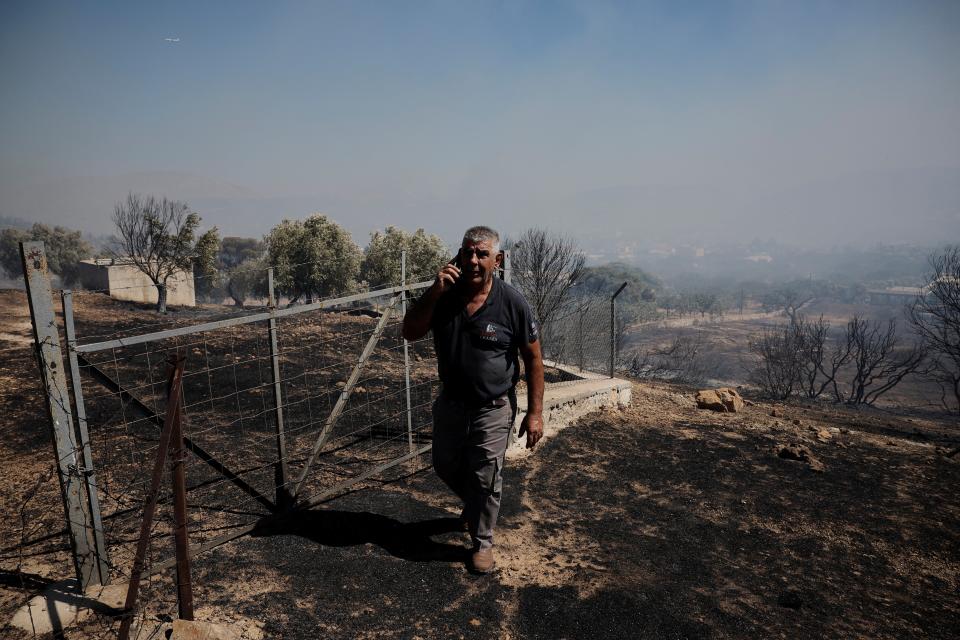 A man walks in an area burned during a wildfire in Kitsi near the town of Koropi in Greece on Wednesday (REUTERS)