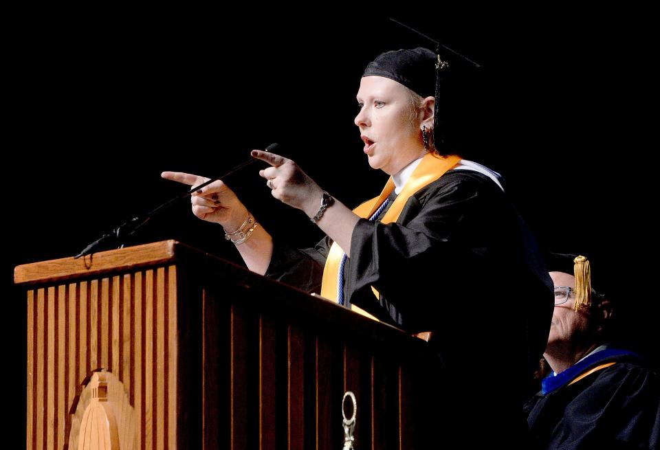 LaNise Kirk gives the commencement speech at the University of Illinois Springfield graduation Saturday, May 13, 2023.