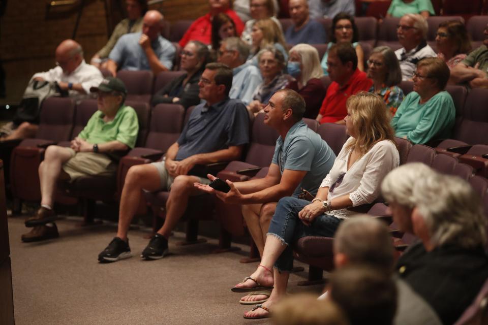 Germantown mayor Mike Palazzolo, along with other city leadership, hosts a town hall for Germantown residents in relation to the water crisis due to diesel leaking into a water reservoir on August 3, 2023 at the Germantown Performing Arts Center in Germantown, Tenn. A resident voices his concerns from the audience.